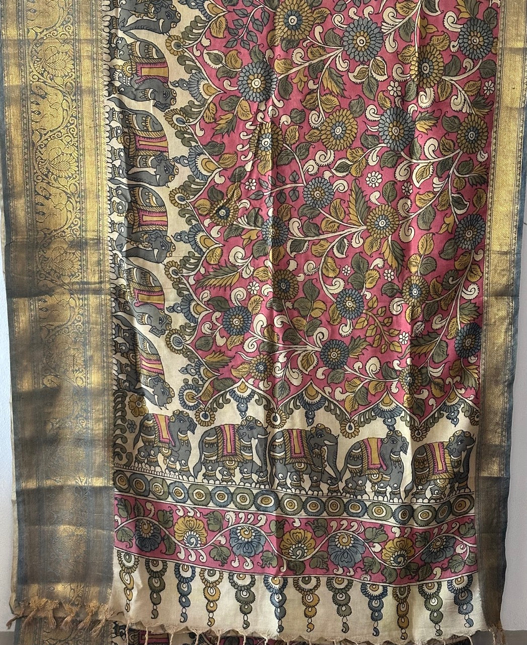 Elephant and Floral Theme Pattu Silk Kalamakari Saree in Pink Colour