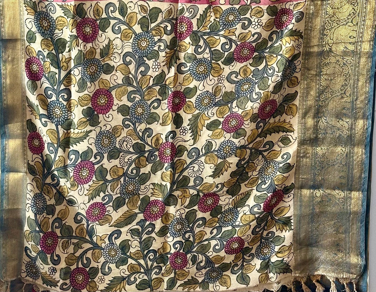Elephant and Floral Theme Pattu Silk Kalamakari Saree in Pink Colour