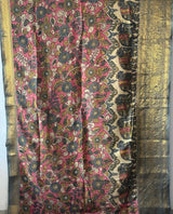 Elephant and Floral Theme Pattu Silk Kalamakari Saree in Pink Colour