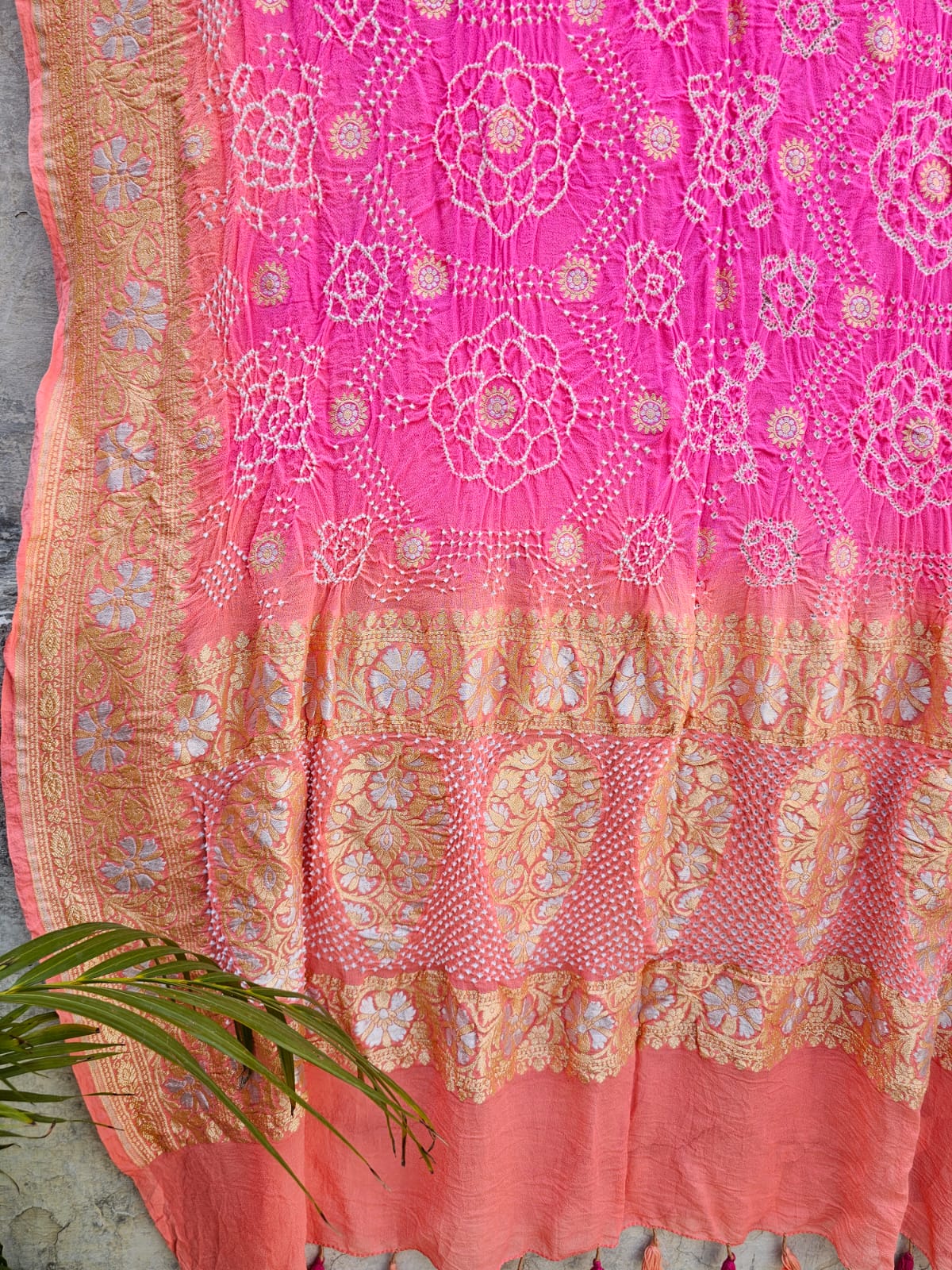 Peach Pink Pure Banarsi Georgette Bandhani Dupatta