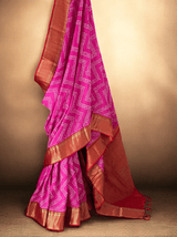 Red and Pink Kanchipattu Bandhani Saree