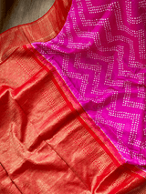 Red and Pink Kanchipattu Bandhani Saree