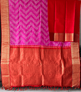 Red and Pink Kanchipattu Bandhani Saree