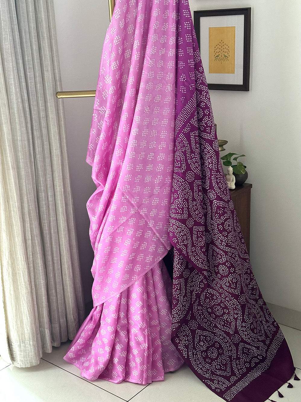 Mulberry Silk Bandhani Saree in Shades of Pink and Wine