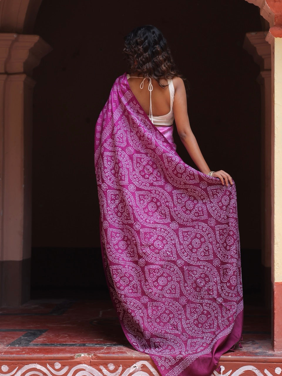 Mulberry Silk Bandhani Saree in Shades of Pink and Wine