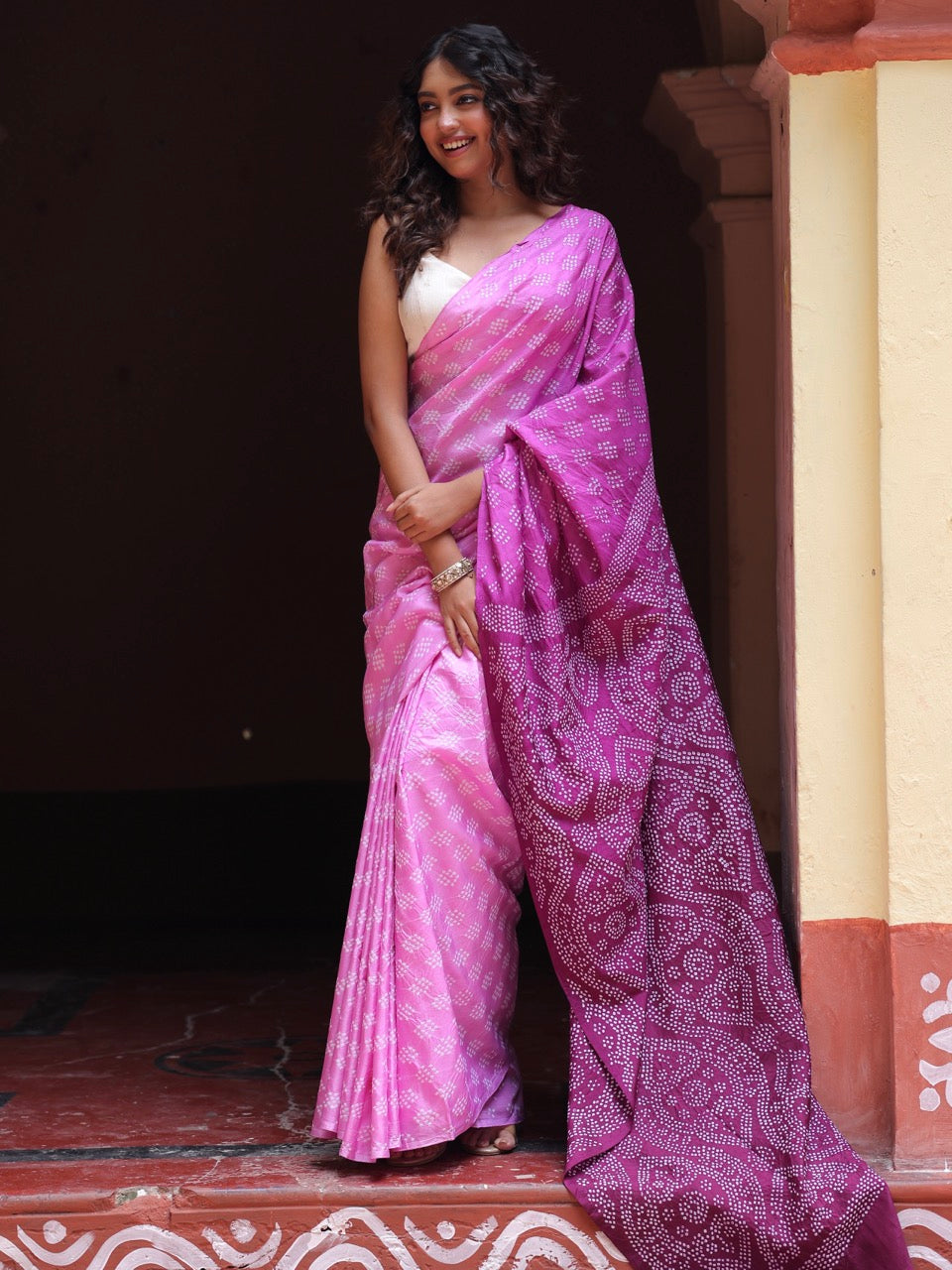 Mulberry Silk Bandhani Saree in Shades of Pink and Wine