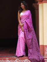 Mulberry Silk Bandhani Saree in Shades of Pink and Wine