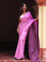 Mulberry Silk Bandhani Saree in Shades of Pink and Wine