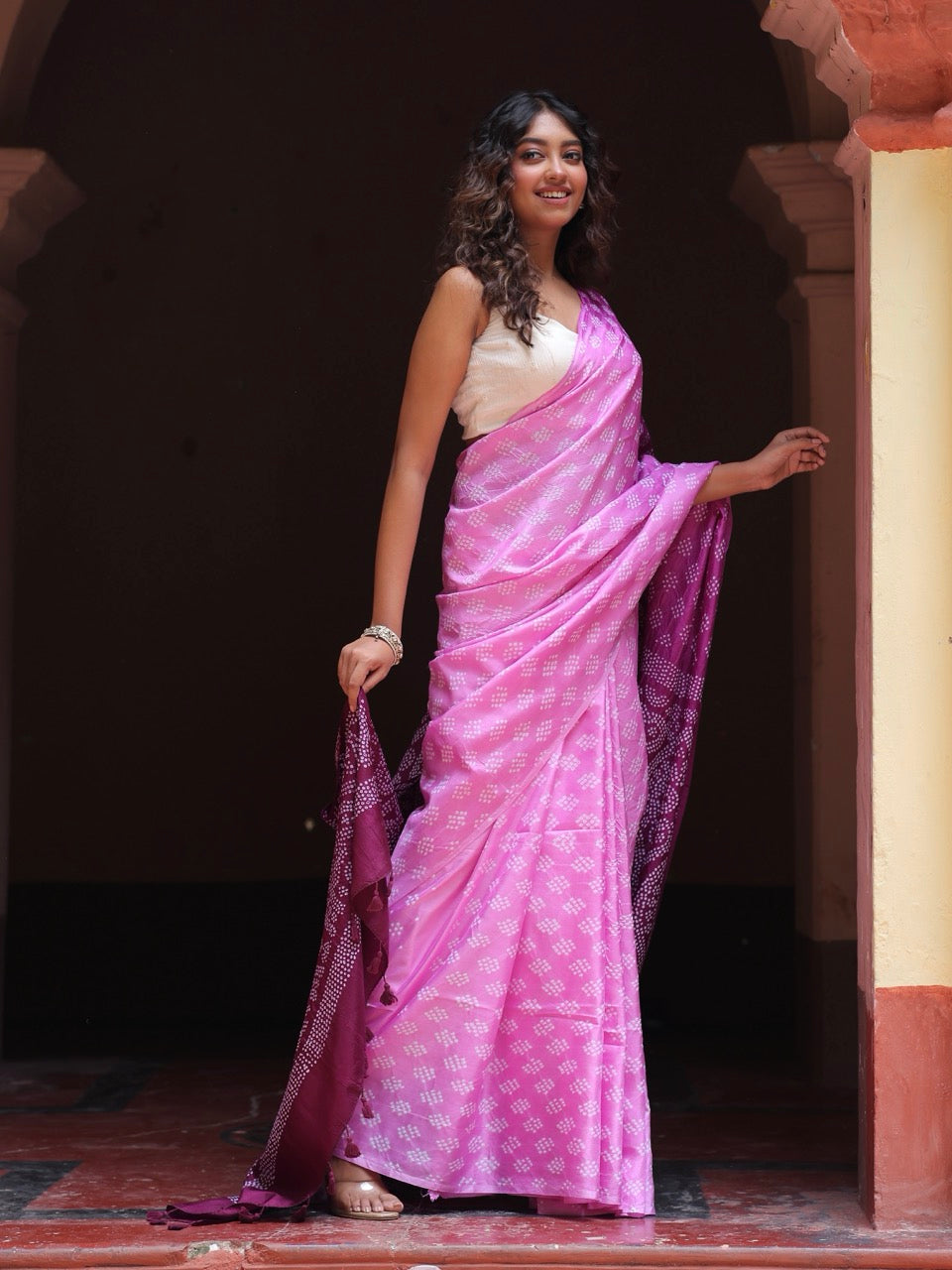 Mulberry Silk Bandhani Saree in Shades of Pink and Wine