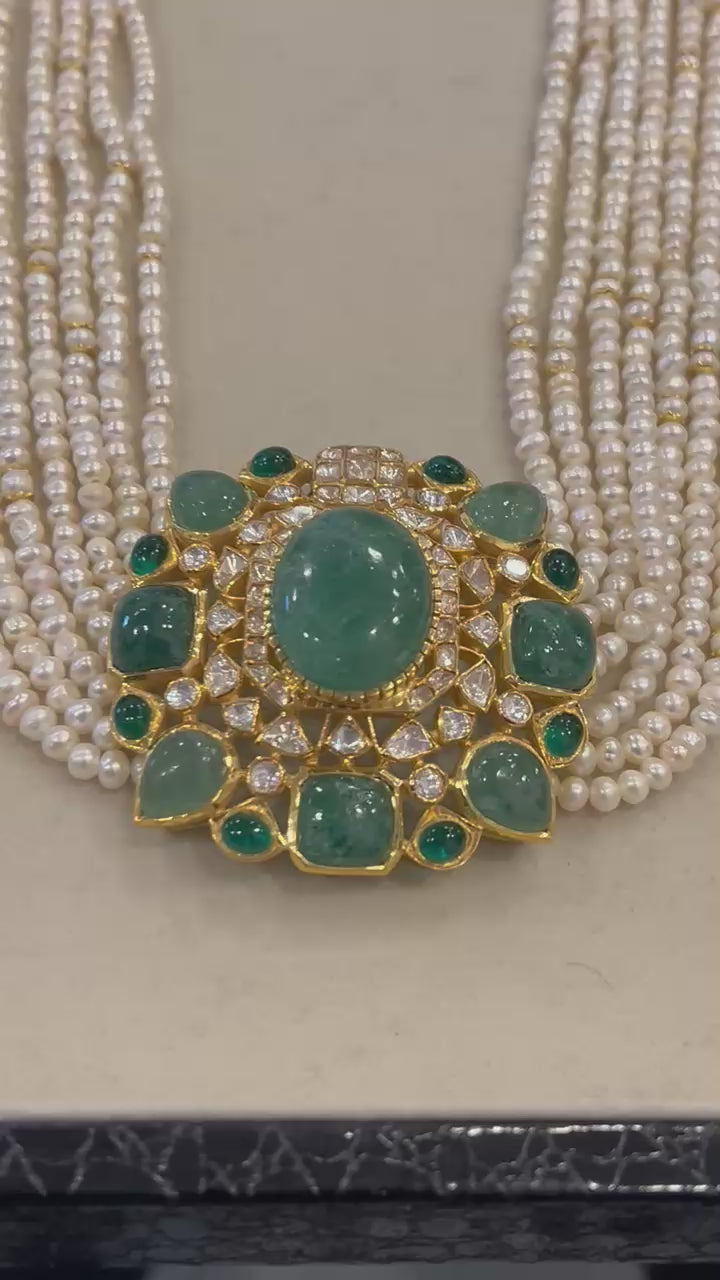 The Maharani Pearl Polki Set - Handcrafted 92.5 Silver and Earrings Set
