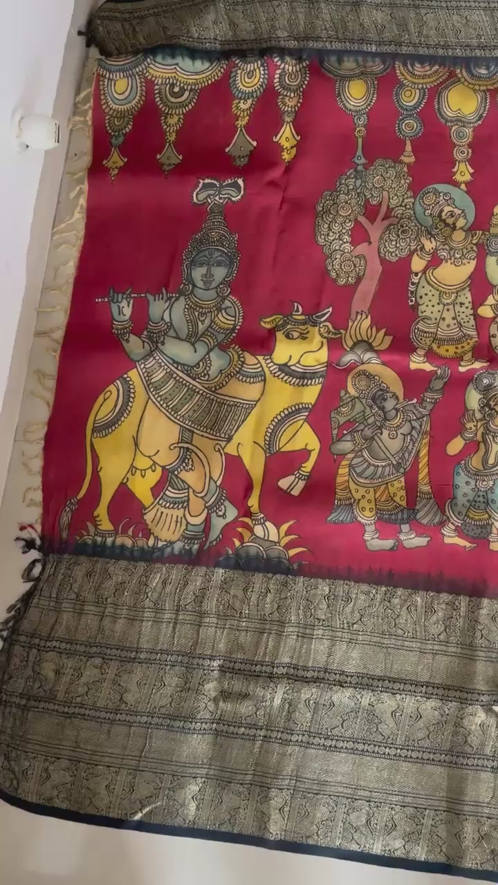 vrindavan-tales-theme-pure-kanjivaram-silk-kalamkari-saree