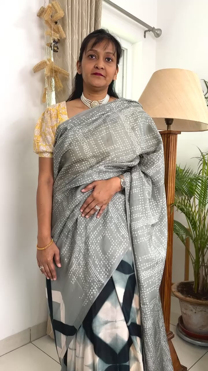 Habotai Silk Clamp Dye Bandhani Saree in Shades of Grey