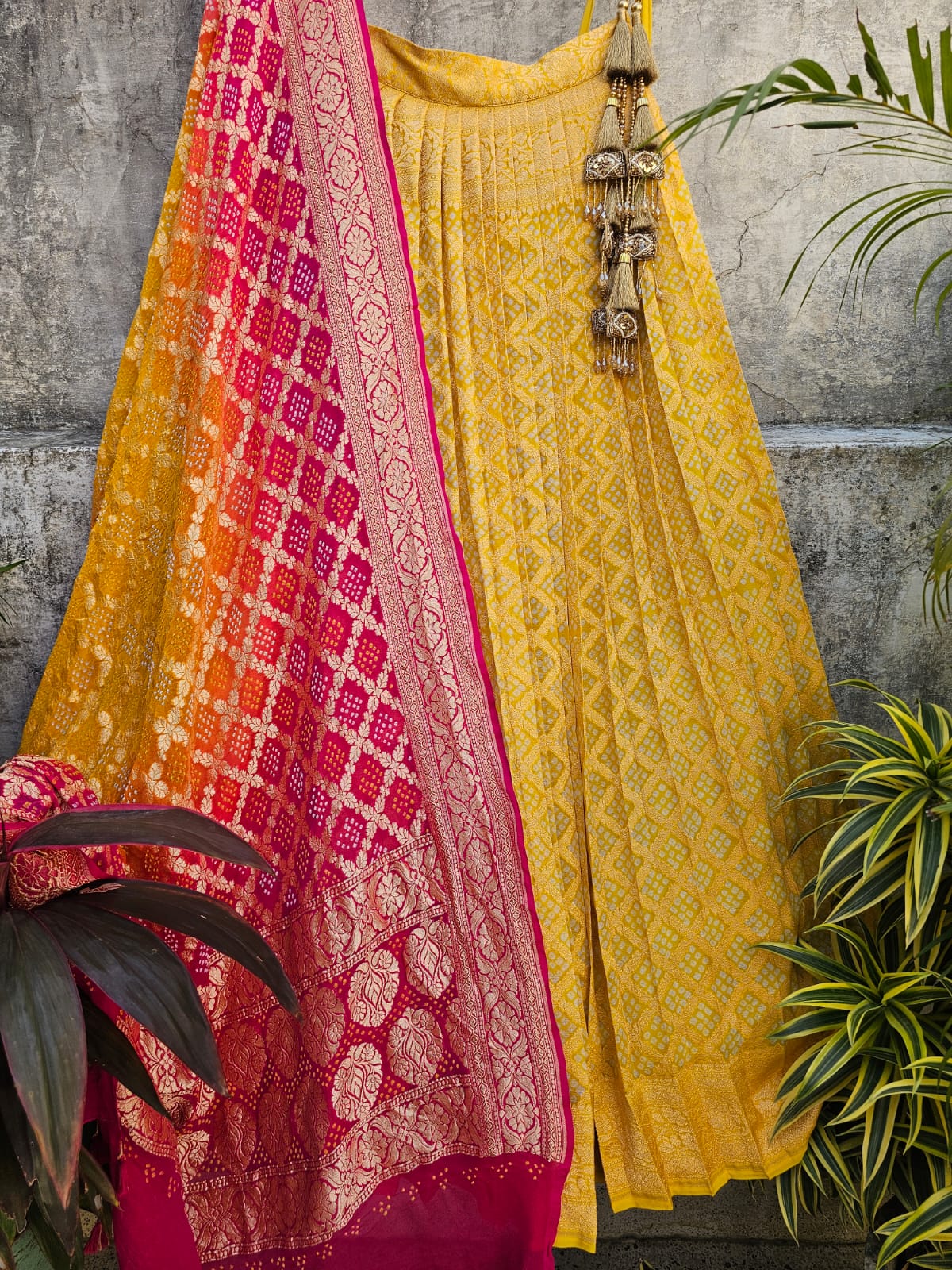 pure-banarsi-georgette-bandhani-lehenga-with-dual-shade-dupatta 