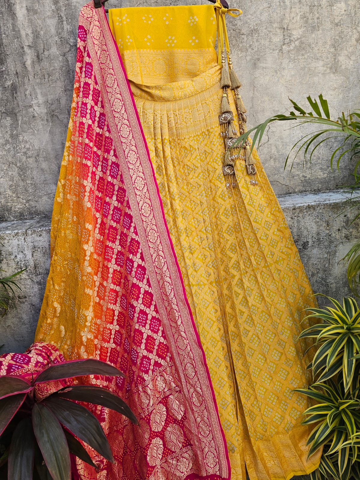 pure-banarsi-georgette-bandhani-lehenga-with-dual-shade-dupatta 