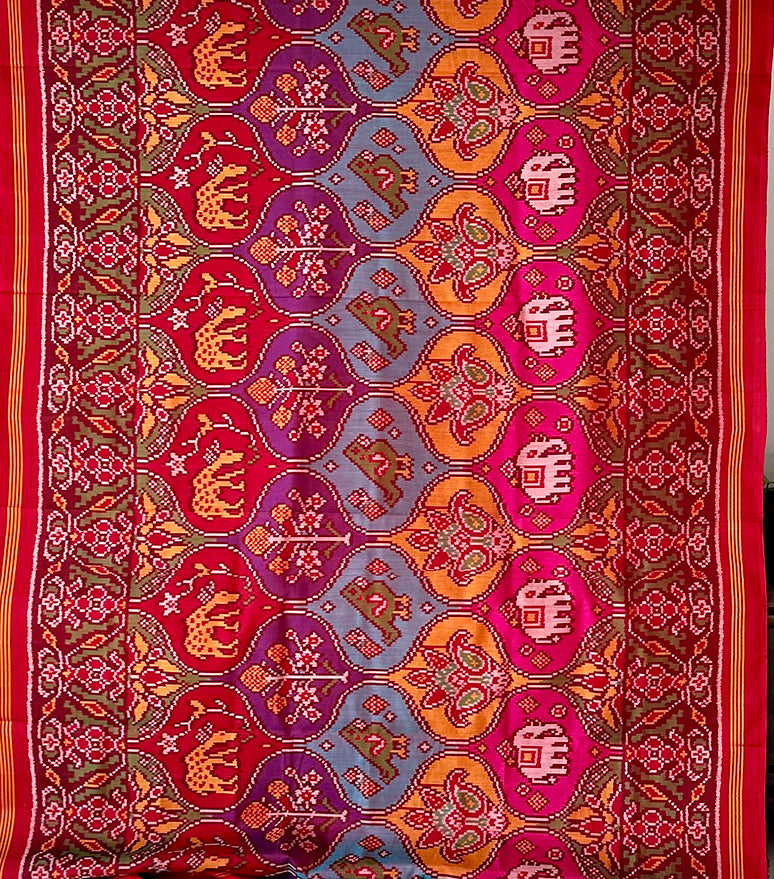 Elegant Handloom Red Mulberry Silk Ikat Patola Saree with Animal Motifs