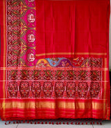 Elegant Handloom Red Mulberry Silk Ikat Patola Saree with Animal Motifs