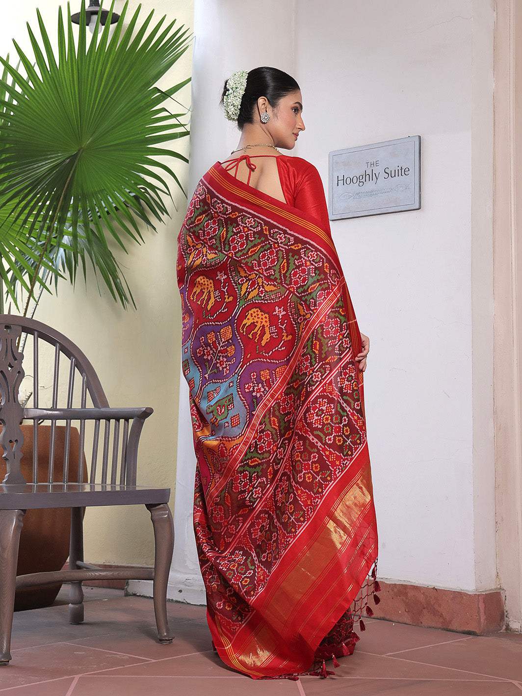 Elegant Handloom Red Mulberry Silk Ikat Patola Saree with Animal Motifs