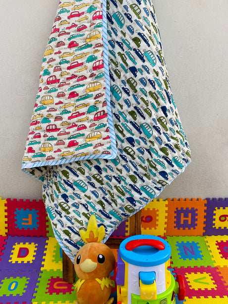 handcrafted mulmul cotton kids quilt with colorful car designs perfect for toddlers in UAE and Australia