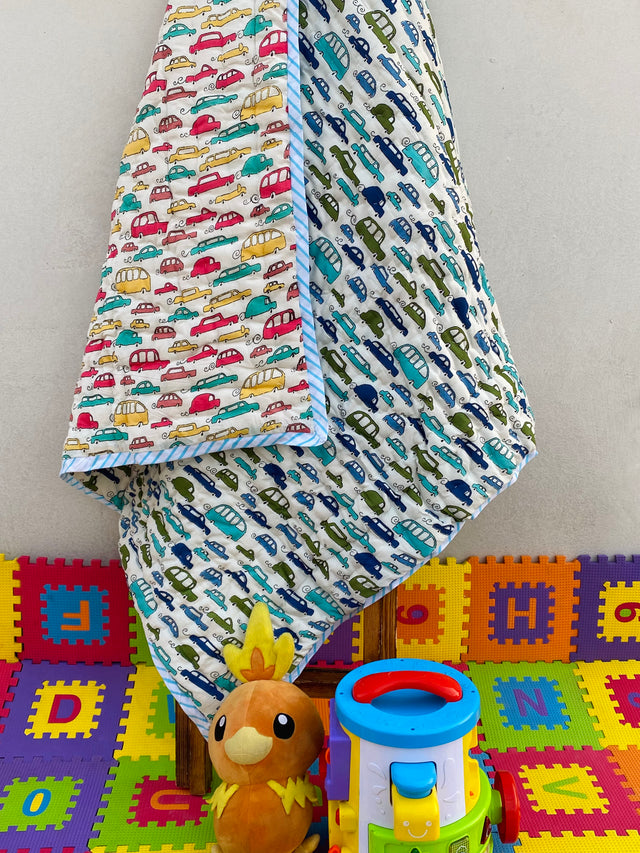 handcrafted mulmul cotton kids quilt with colorful car designs perfect for toddlers in UAE and Australia