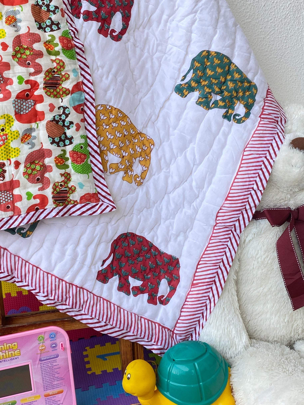 handblock printed elephant theme cotton quilts for kids exported from India to Australia