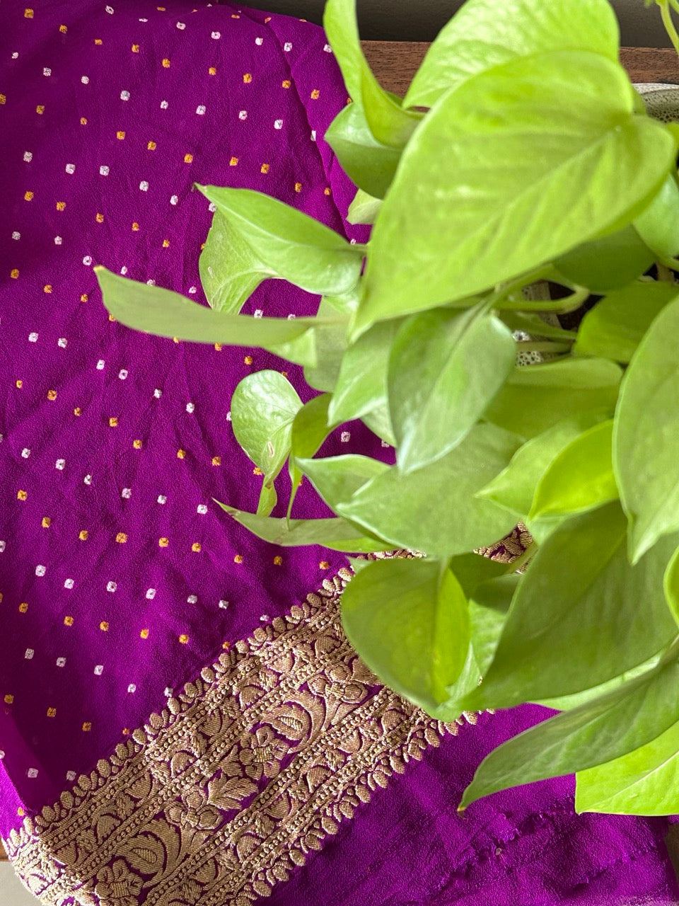 Purple Pure Georgette Bandhani Blouse Fabric with Zari Border
