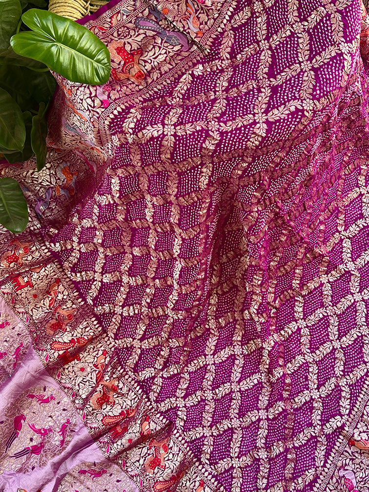 Purple Pure Banarsi Georgette Meenakari Bandhani Dupatta