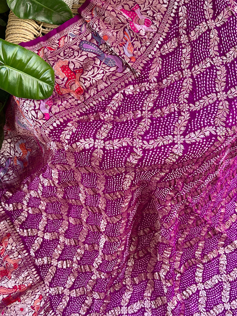 Purple Pure Banarsi Georgette Meenakari Bandhani Dupatta