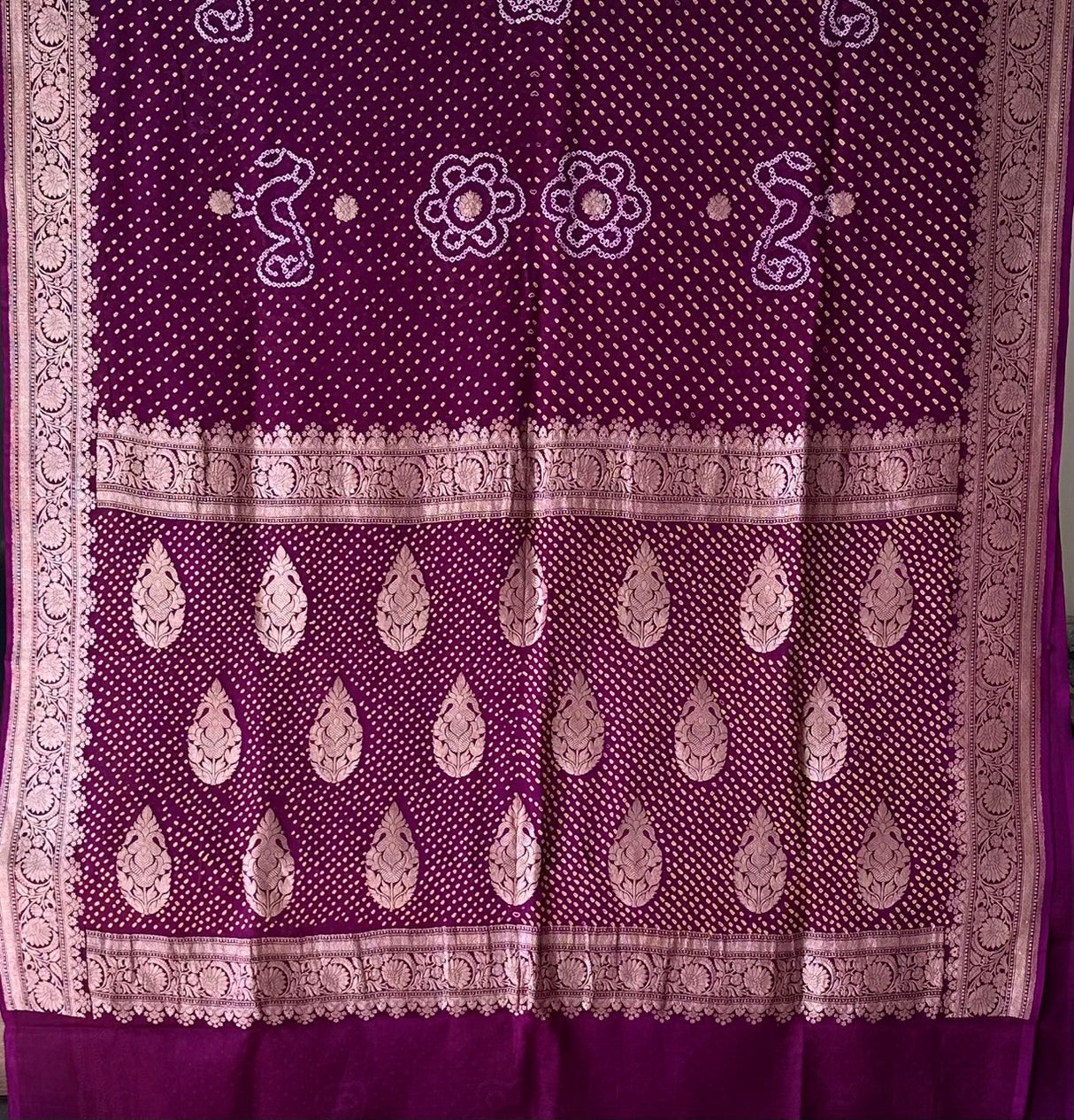 Purple Wine Colour Pure Banarsi Gerogette Bandhani Saree