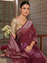 Purple Wine Colour Pure Banarsi Gerogette Bandhani Saree