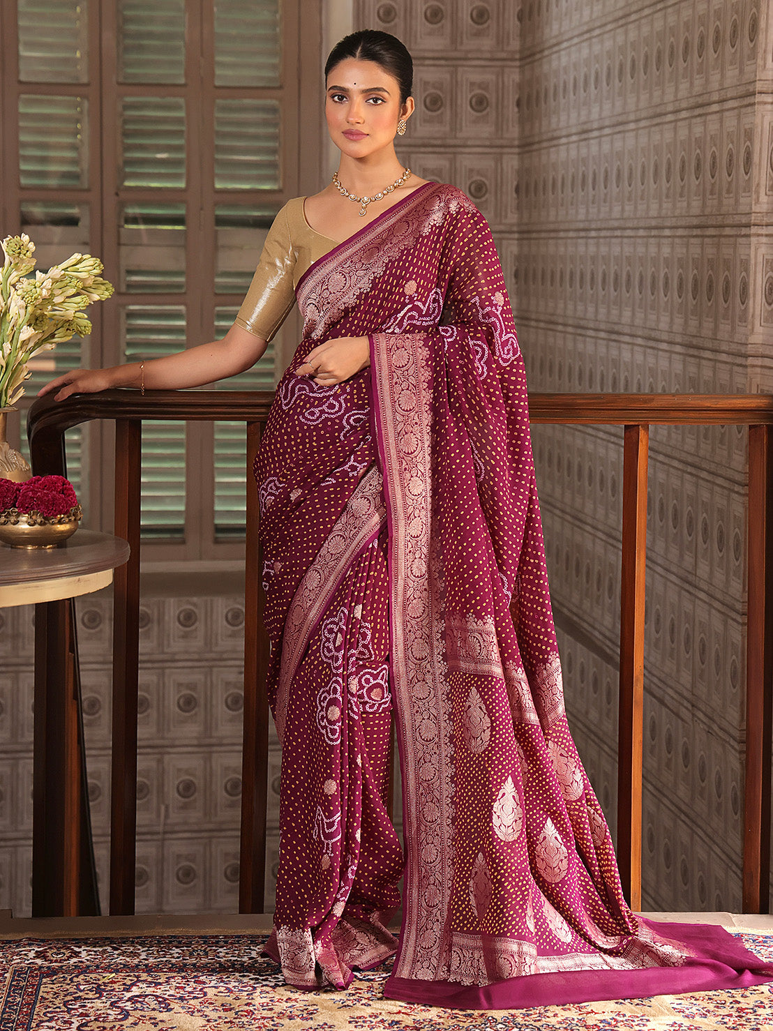 Purple Wine Colour Pure Banarsi Gerogette Bandhani Saree