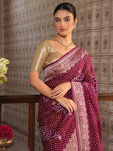 Purple Wine Colour Pure Banarsi Gerogette Bandhani Saree