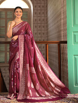 Purple Wine Colour Pure Banarsi Gerogette Bandhani Saree