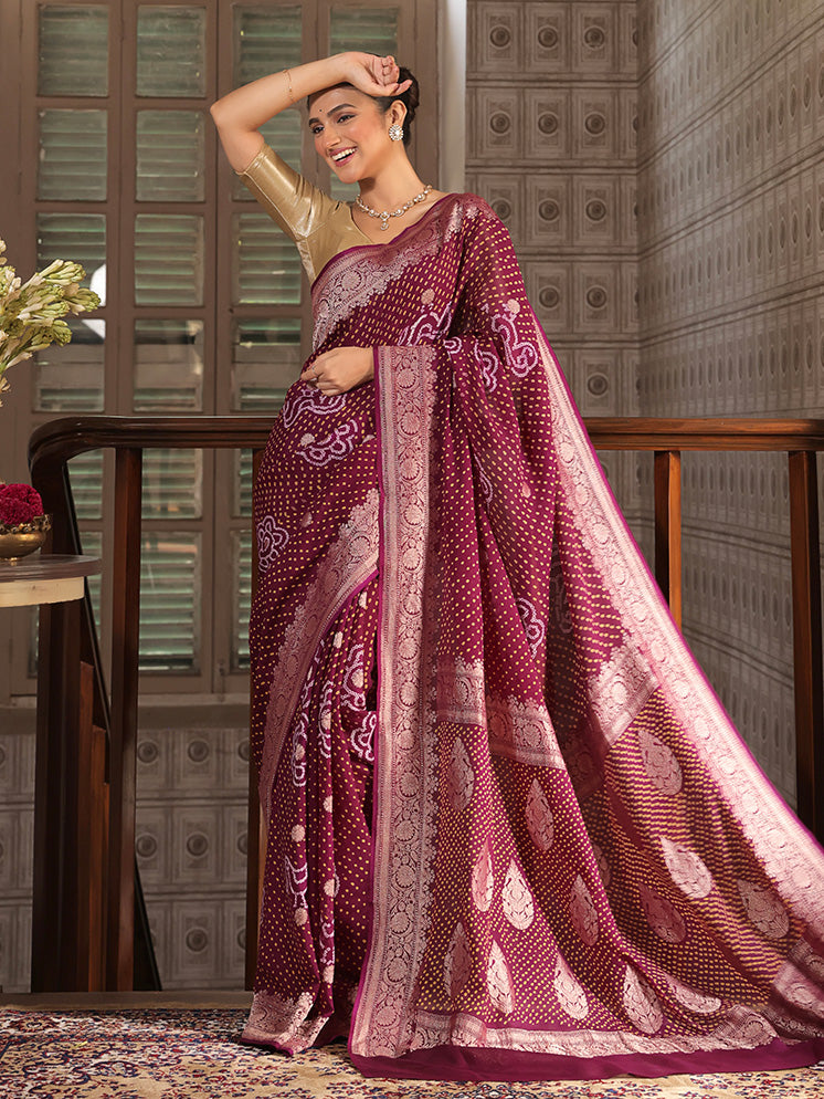 Purple Wine Colour Pure Banarsi Gerogette Bandhani Saree