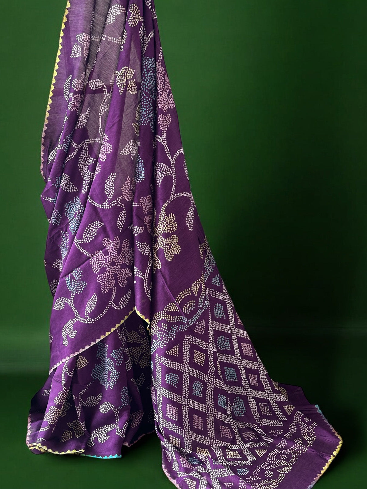 Purple Floral Pure Munga Silk Bandhani Saree