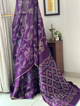 Purple Floral Pure Munga Silk Bandhani Saree