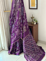 Purple Floral Pure Munga Silk Bandhani Saree