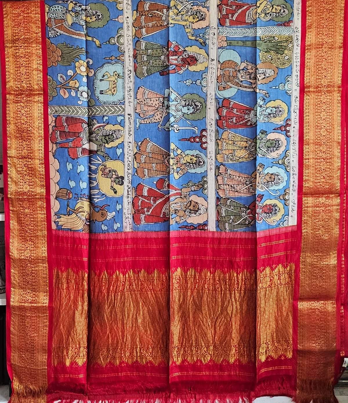 Indian Mythological Handloom Kanchi Pattu Kalamkari Dupatta