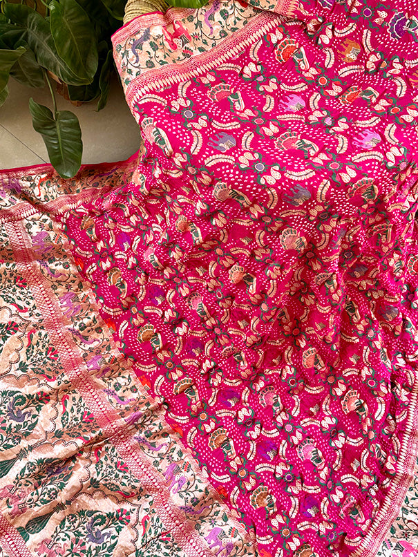 Rani Pink Banarsi Georgette Meenakari Bandhani Dupatta