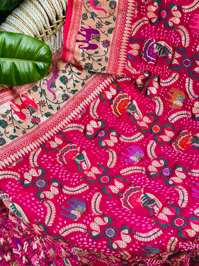 Rani Pink Banarsi Georgette Meenakari Bandhani Dupatta