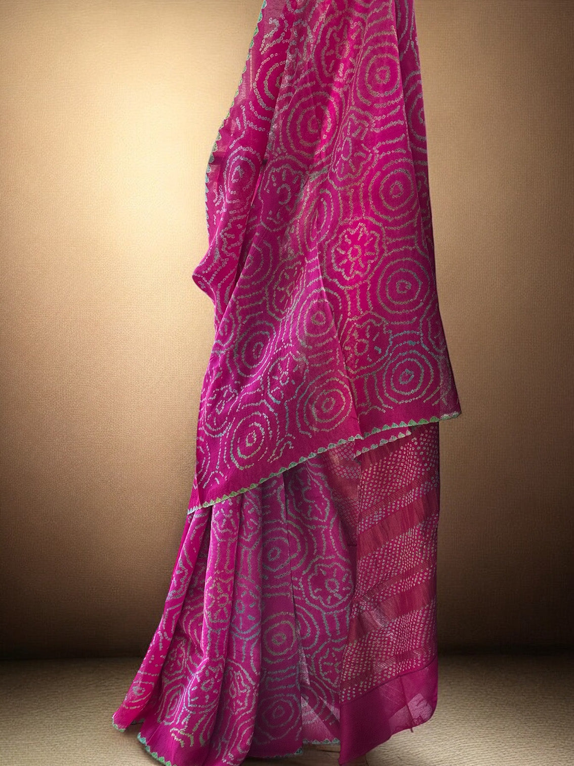 Rani Pink Munga Silk Multicolored Bandhani Saree