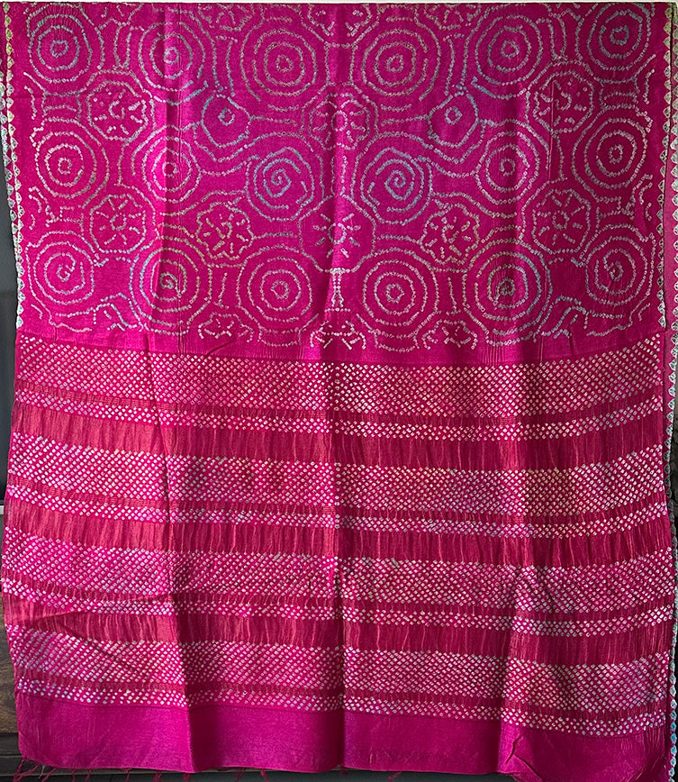 Rani Pink Munga Silk Multicolored Bandhani Saree