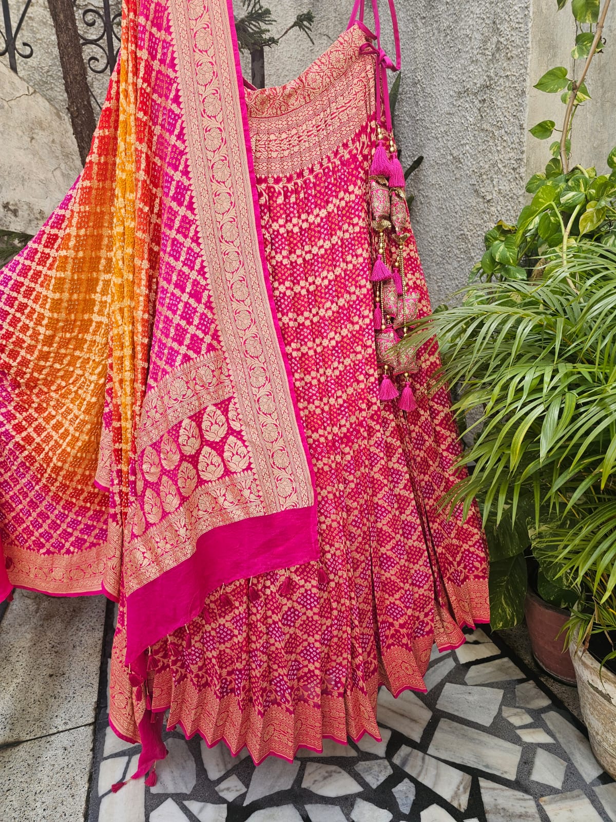 Rani Pink Banarasi Georgette Bandhani Lehenga with Dupatta