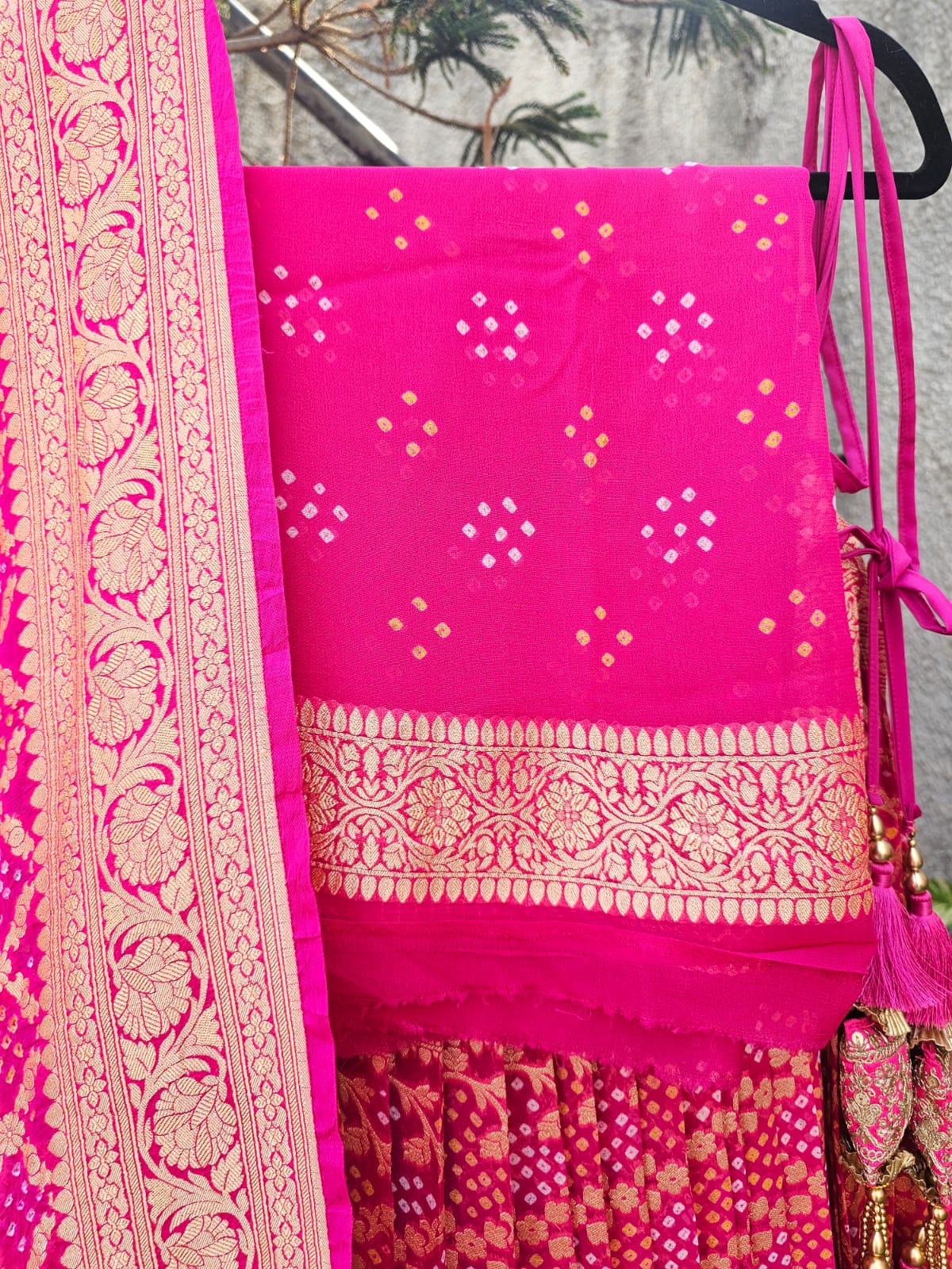 Rani Pink Banarasi Georgette Bandhani Lehenga with Dupatta