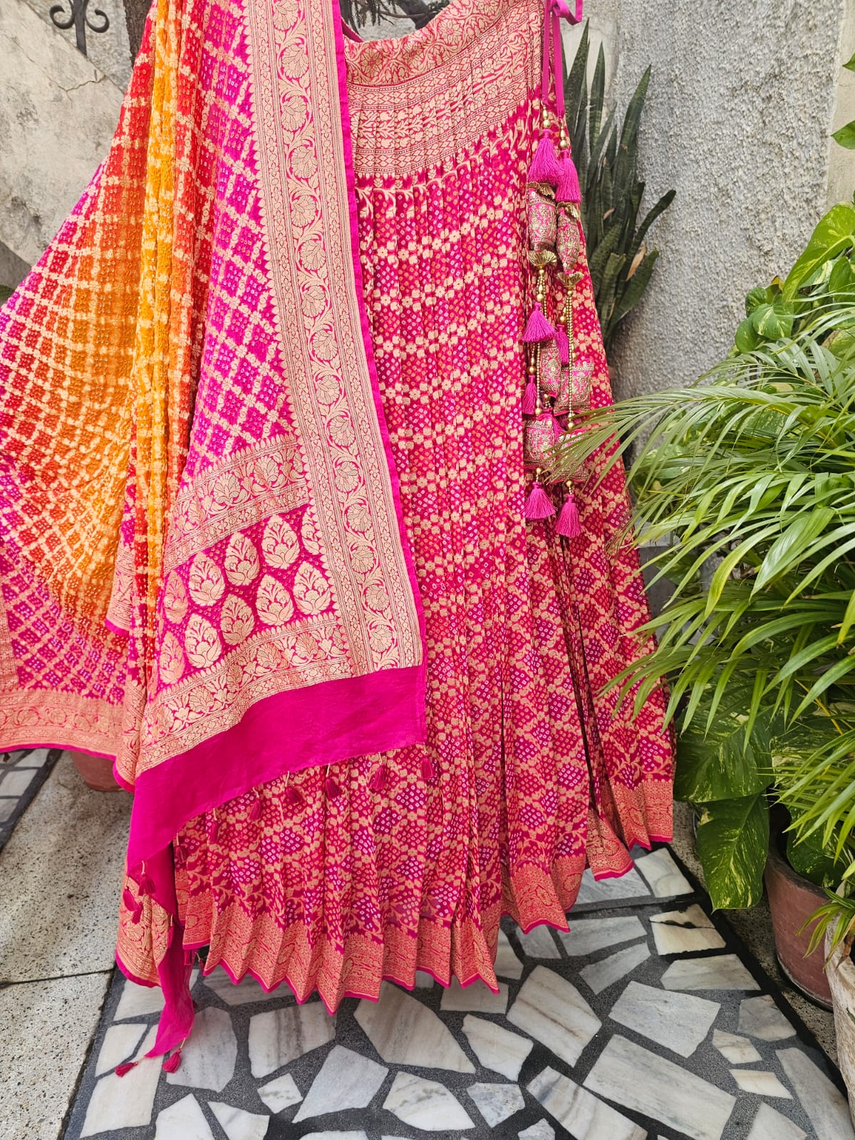 Rani Pink Banarasi Georgette Bandhani Lehenga with Dupatta