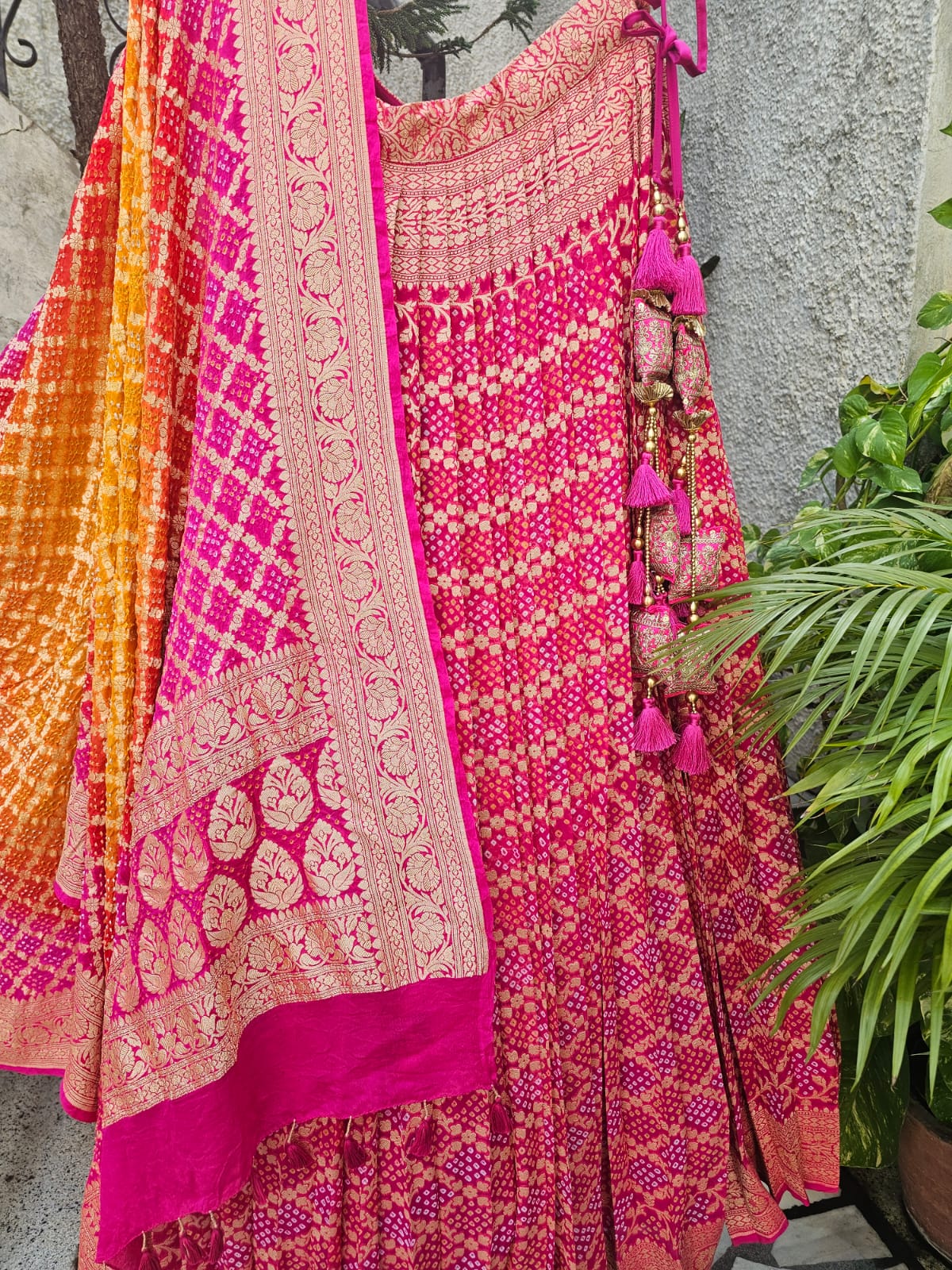 Rani Pink Banarasi Georgette Bandhani Lehenga with Dupatta