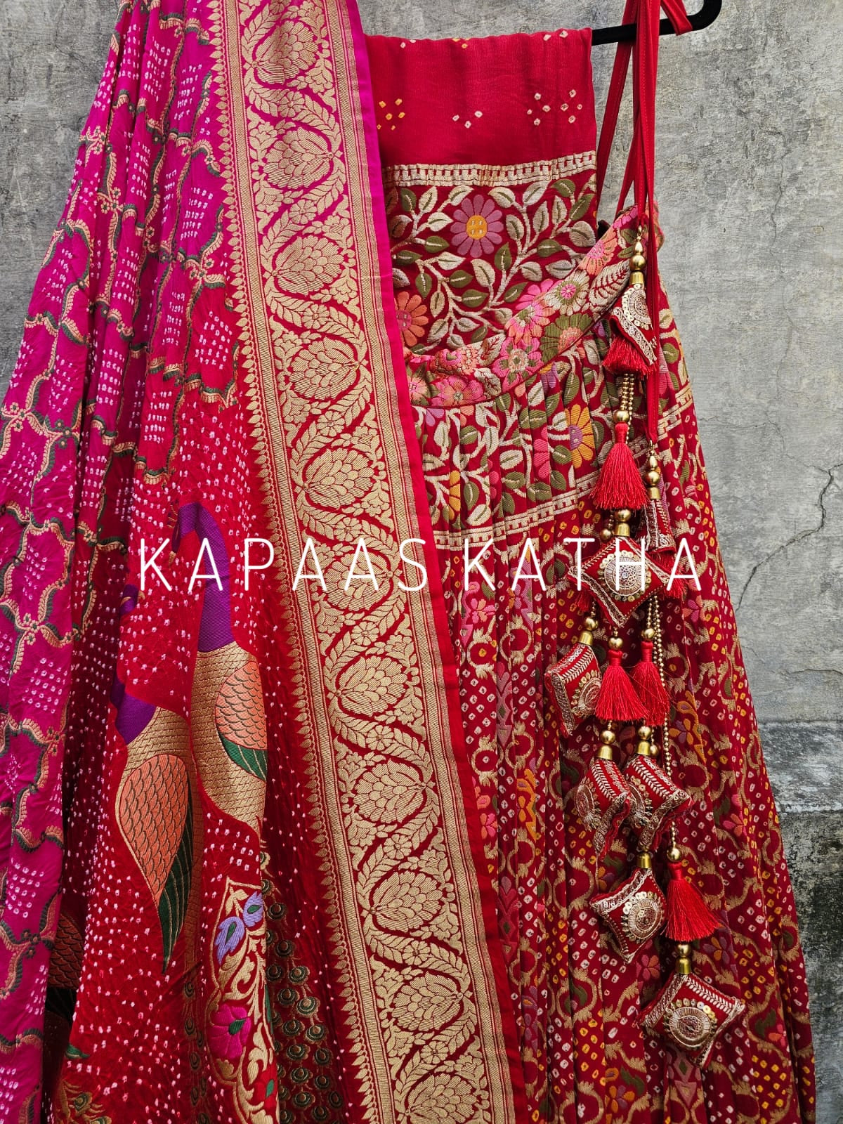 Red Banarasi Georgette Meenakari Bandhani Lehenga Set