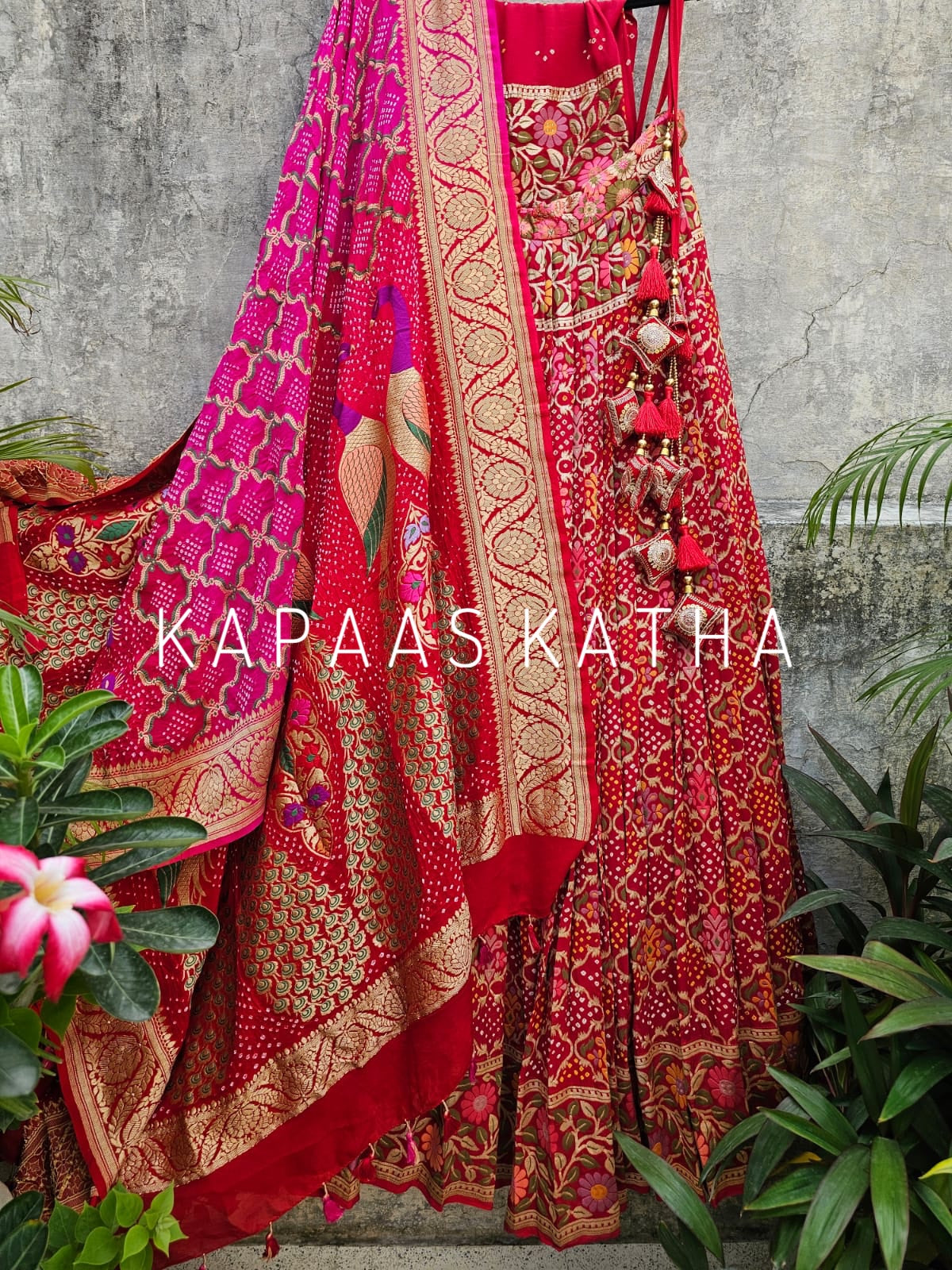 Red Banarasi Georgette Meenakari Bandhani Lehenga Set