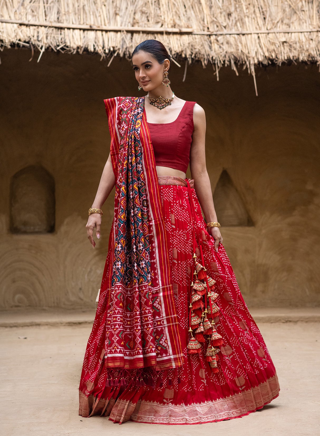 Exclusive Red Banarasi Silk Bandhani Lehenga with Double Ikat Dupatta