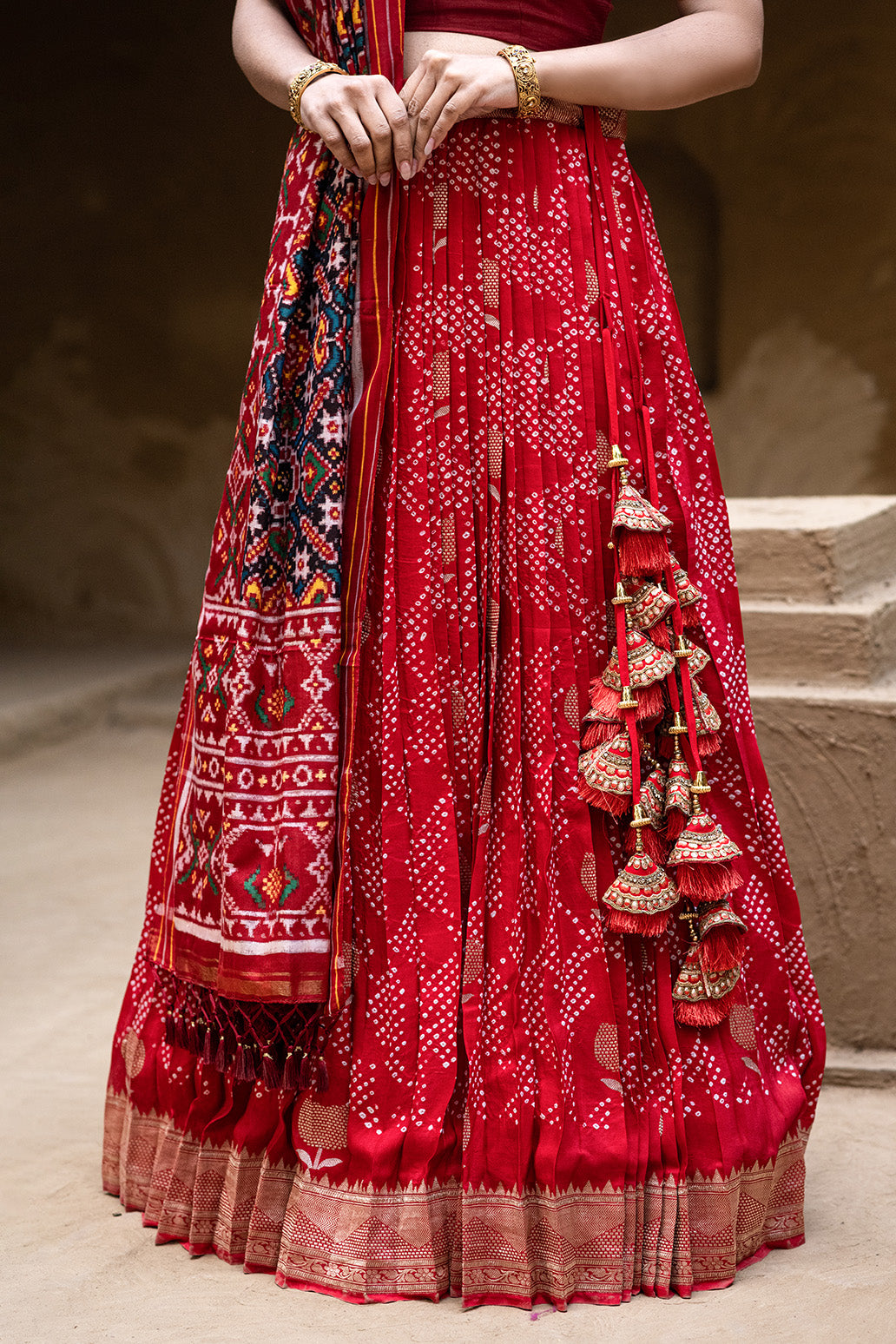 Exclusive Red Banarasi Silk Bandhani Lehenga with Double Ikat Dupatta