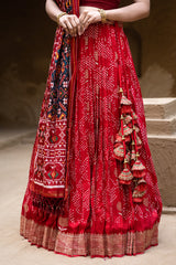 Exclusive Red Banarasi Silk Bandhani Lehenga with Double Ikat Dupatta